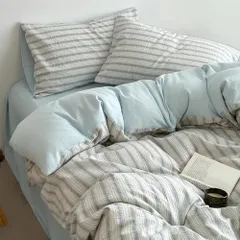 新品 「§ｚｚ．ｌｕｘｉ」布団カバーセット セミダブル 4点セット ins ストライプ 無地 コントラストカラー シンプル 寝具カバー 洋式・和式兼用 ベッドカバー 掛け布団カバー ボックスシーツ 枕カバー シーツカバー 肌に優しい ピーチスキン加工 北欧風