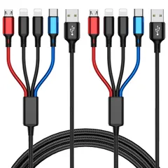 【数量限定】高速電話充電コード デュアルIP/タイプC/マイクロUSBポート付きマルチUSBケーブル、ほとんどの携帯電話/タブレット用 ナイロン編組マルチUSB充電ケーブル [2本パック-4フィート] 4イン1マルチ充電ケーブル マルチ充電ケーブル