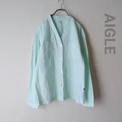 新品同様 AIGLE エーグル Vネックシャツ ストライプ柄 ミントグリーン オーバーシャツ ブラウス 綿麻 リネン