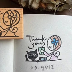 スタンプNo. 9712 thank you マグを持った女の子と黒猫