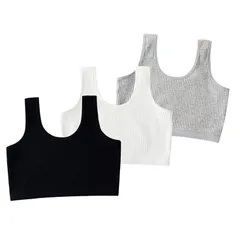 【新品】 [eipatu] ブラジャー キャミソール ハーフトップ ガールズ 子供用 タンクトップ ジュニアブラ 小学生 3枚セット 女の子 9-15歳 インナー 可愛い スポーツブラ (ホワイト＆ブラック＆グレー, L)