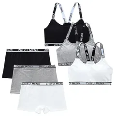 【新品】 [Masonanic] ガールズブラ 上下セット ハーフトップ 黒 白ジュニア ブラジャー ショーツ カップ付 スタンダードショーツ インナー スポブラ 3点組 (JP, アルファベット, Free Size, Aーボクサーセット)