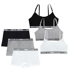 【新品】 [Masonanic] ガールズブラ 上下セット ハーフトップ 黒 白ジュニア ブラジャー ショーツ カップ付 スタンダードショーツ インナー スポブラ 3点組 (JP, アルファベット, Free Size, Bーボクサーセット)