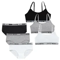 【新品】 [Masonanic] ガールズブラ 上下セット ハーフトップ 黒 白ジュニア ブラジャー ショーツ カップ付 スタンダードショーツ インナー スポブラ 3点組 (JP, アルファベット, Free Size, B-ショーツセット)