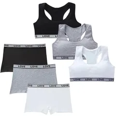 【新品】 [Masonanic] ガールズブラ 上下セット ハーフトップ 黒 白ジュニア ブラジャー ショーツ カップ付 スタンダードショーツ インナー スポブラ 3点組 (JP, アルファベット, Free Size, E-ボクサーセット)