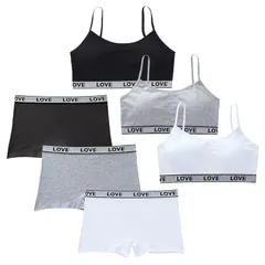 【新品】 [Masonanic] ガールズブラ 上下セット ハーフトップ 黒 白ジュニア ブラジャー ショーツ カップ付 スタンダードショーツ インナー スポブラ 3点組 (JP, アルファベット, Free Size, D-ボクサーセット)