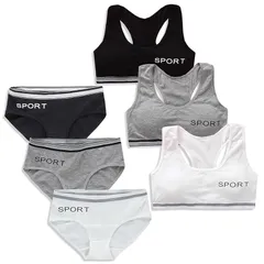 【新品】 [Masonanic] ガールズブラ 上下セット ハーフトップ 黒 白ジュニア ブラジャー ショーツ カップ付 スタンダードショーツ インナー スポブラ 3点組 (JP, アルファベット, Free Size, F-ショーツセット)