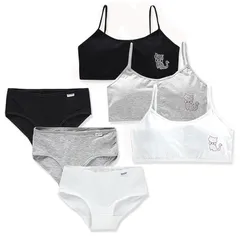 【新品】 [Masonanic] ガールズブラ 上下セット ハーフトップ 黒 白ジュニア ブラジャー ショーツ カップ付 スタンダードショーツ インナー スポブラ 3点組 (JP, アルファベット, Free Size, G-ショーツセット)