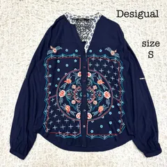 Desigual デシグアル 刺繍＆レース背面切替 ブラウス Vネック ネイビー S