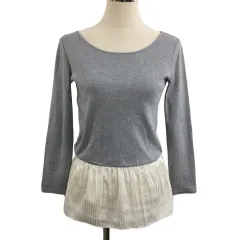 B&Y ユナイテッドアローズ BEAUTY&YOUTH ビューティー&ユース カットソー プルオーバ― Uネック 切替 無地 ストライプ レイヤード風 透け感 長袖 グレー 白 ホワイト