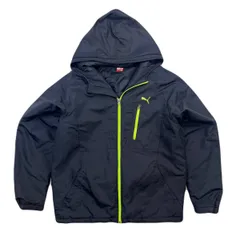 PUMA プーマ 中綿 ナイロンジャケット ブラック 黒 パーカー Oサイズ 差し色グリーン ●AJ315