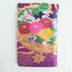 着物アップサイクル品　バネ口ポーチ　スマホ入れ　ハンドメイド　菊　紅葉　AYM3-26