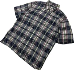 90s ☆ LANDS END ☆ 風合い◎ ネイビー グリーン レッド チェック シャツ 半袖 インド綿 XL 春夏 アメカジ 古着 ランズエンド■BC306
