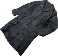 モノトーン ブラック レザーコート 牛革 コート 着丈94cm 黒 レディース M 秋冬 モード 個性派 ストリート 古着 ファッション■BC314