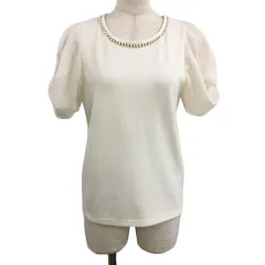 マジェスティックレゴン MAJESTIC LEGON カットソー プルオーバー ラウンドネック 切替 シアー シフォン パール パフスリーブ 半袖 Free 白 ホワイト