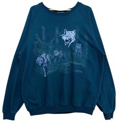 NORTHERN ELEMENTS ノーザンエレメンツ ウルフ アニマル 刺繍 プリント スウェット メンズXL相当 古着 トレーナー 狼 深緑 ダークグリーン【スウェット】/ MS36
