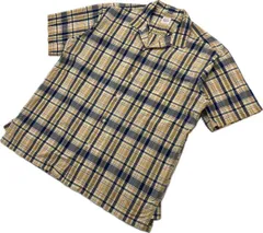 Papas ☆ オープンカラー チェック イエロー ネイビー シャツ 開襟 半袖 L 大人カジュアル シティー アメカジ 休日 古着 パパス■I302