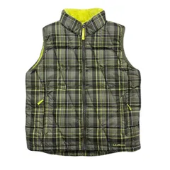 L.L.BEAN ダウンベスト チェック イエロー グレー ユースLサイズ メンズS相当 裏ボアフリース ●G368
