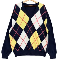 Brooks Brothers ブルックスブラザーズ アーガイル柄 Vネック コットンニットセーター メンズL 古着 ネイビー イエロー ホワイト レッド【ニットセーター】/ MS38のサムネイル
