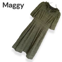 Maggy 銀座マギー Maggy 総レースワンピース レディース 38 M カーキ オリーブ 襟フリル フロントジップ 五分袖 ロング丈 日本製 裏地キュプラ 高級婦人服 華やか 上品 フォーマル 1074KZ