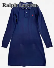 ラルフローレン ポロワンピース M ネイビー 鹿の子 長袖 ロゴ刺繍 スクールコーデ 春秋ワンピ POLO Ralph Lauren