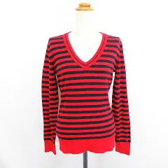 トミーヒルフィガー TOMMY HILFIGER ニット セーター 長袖  Vネック ボーダー ロゴ M レッド×ブラック ※EKM