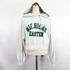 イング INGNI パーカー スウェット 長袖 ドロップショルダー ボリュームスリーブ ショート丈 英字 刺繍 M ライトグレー ※EKM