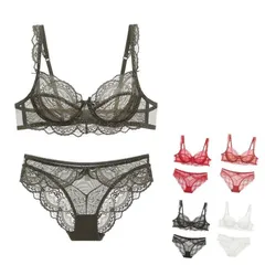 リボン ショーツ 上下セット 女性 ブラジャー レディース パンツ インナー 下着 フルカップブラ シースルー 2点セット 総レース ブラック#angel130106