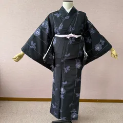 小紋　袷　ポリエステル　洗える着物　新品　紺　黒　バラ　着物　紬風　リサイクル着物　k-1040