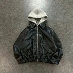 ZARA ザラ コントラストフェイクレザージャケット ブルゾン パーカ ジップアップ レイヤード フード付き ストレッチ ブラック 黒 レディース L