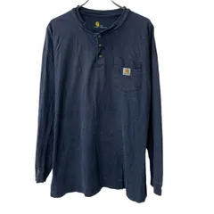 Carhartt 長袖 ロゴTシャツ 2XL ネイビー カーハート ヘンリーネック 胸ポケット ワンポイントロゴ ロンT トップス 春物 a803-6112