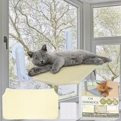 fabuon life 2026年新モデル 猫 窓用 ハンモック 上向きデザイン 専用両面テープ9個付 強力 吸盤 大型 カバー2枚入り ファスナー式 組立簡単 洗濯可能 折畳み 日光浴 (最新型ベージュメッシュx2,  大（30cmx52cm）)