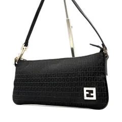【美品】FENDI フェンディ ズッキーノ アクセサリーポーチ ハンドバッグ キャンバス レザー ブラック 黒 FF ロゴ プレート シルバー金具 ミニバッグ バニティ フォーマル 結婚式 二次会 パーティー 冠婚葬祭