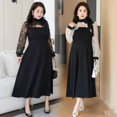 レディース 大きいサイズ パーティードレス フォーマルワンピース 長袖 ロング ひざ下 レース きれいめ セレモニー 入学式 入園式 卒業式 七五三 結婚式 ママ 黒 A ライン ストレッチ 30 代 40 代 50 代 guanzi01