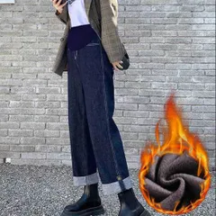 ＜在庫処分＞マタニティ デニム ワイドパンツ 冬用 裏起毛 大きいサイズ 3XL 深ブルー ゆったり　bu１