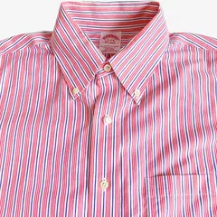 【16-32/33】Brooks Brothers（ブルックスブラザーズ）ポロカラーBD（ボタンダウン）シャツ ストライプ / Traditional Fit / Non-Iron / Cotton 100% ポケット付 メンズL相当