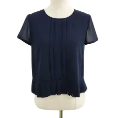 ミッシェルクラン MICHEL KLEIN ブラウス カットソー プルオーバー ラウンドネック シフォン プリーツ シアー 透け感 無地 半袖 38 紺 ネイビー