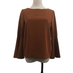 プラステ PLST ブラウス プルオーバー ボートネック 無地 シフォン フレアスリーブ 長袖 M 茶 ブラウン