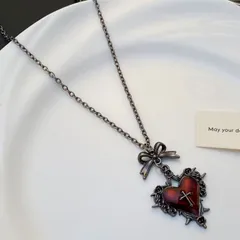 ゴシック ハート ネックレス 十字架 リボン ダークレッド ダークシルバー 地雷系 ゴシック パンク 病みかわいい 個性的 ダーク系 ダークコケット プチプラアクセ