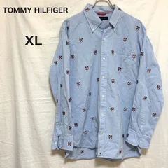 TOMMY FILFIGER トミーヒルフィガー 総柄 刺繍 シャツ XL フラッグロゴ モノグラム ボタンダウン 長袖 メンズ 綿100%