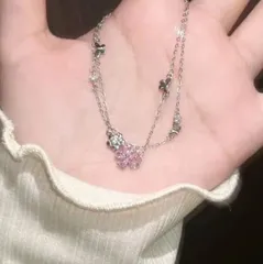 ピンクフラワー＆ミニバタフライ 花 蝶モチーフ 二重チェーン シルバー ブレスレット 可愛い ガーリー フェミニン キラキラ 高見え 韓国アクセ 春アクセ