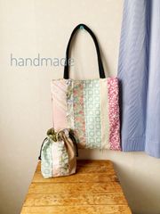 ハンドメイド パッチワーク トートバッグ&巾着袋 セット売り ピンク花柄