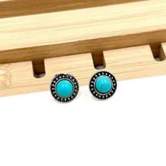 ターコイズブルー ウエスタンデザイン ラウンドモチーフ シルバーピアス 両耳用 ヴィンテージ調 レトロ ボヘミアン 個性的 レディース ユニセックス プチプラ