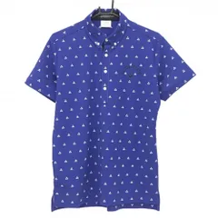 【超美品】ルコックゴルフ 半袖ポロシャツ ブルー×白 ロゴ総柄 ボタンダウン メンズ M ゴルフウェア le coq sportif