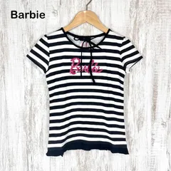 新品未使用 美品 Barbie バービー スパンコール ロゴ ボーダー 総柄 胸元リボン Tシャツ ブラック キッズ 半袖 トップス