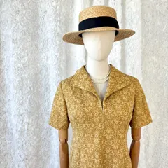 ヴィンテージ 花柄ジャガードワンピース マスタードカラー 半袖 開襟 襟付き レトロ クラシカル 上品シルエット 膝丈 昭和レトロ 古着ワンピース