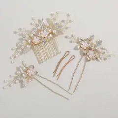 Famihot 髪飾り ヘッドドレス 木の葉 花モチーフ コーム パール ヘアピン 5本セット ヘアアクセサリー ウェディング 結婚式 お呼ばれ 披露宴 卒業式 発表会 和装用 手作り髪飾り (タイプ04)