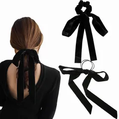 2個セット ベロアリボン,BetterJonny ベロア リボン 黒 ベルベット ロング ヘアゴム ベロア ヘアアクセ バレッタ 蝶々結び 黒 生地 少女 髪飾り