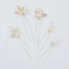 Haodeliy 髪飾り ヘッドドレス 木の葉 花モチーフ パールUピン 5点セット 花嫁 ヘアアクセサリー 手作り ウェディング フラワー 結婚式 披露宴 二次会 発表会 卒業式 入学式 パーティー 和装用髪飾り ヘアアクセサリー 和風 ゴールド