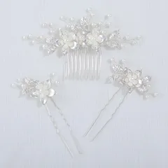 Haodeliy 髪飾り ヘアアクセサリー コーム Uピン 3点セット 木の葉 花モチーフ 花嫁 かんざし ヘッドドレス 手作り ウェディングヘッドドレス 髪飾り フラワー 結婚式 披露宴 二次会 発表会 卒業式 入学式 パーティー 和装用髪飾り ヘアアクセサ